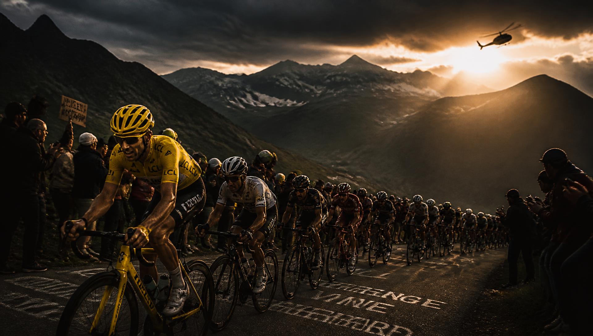 The Tour de France peloton climbing an alpine pass at sunset behind the yellow jersey
